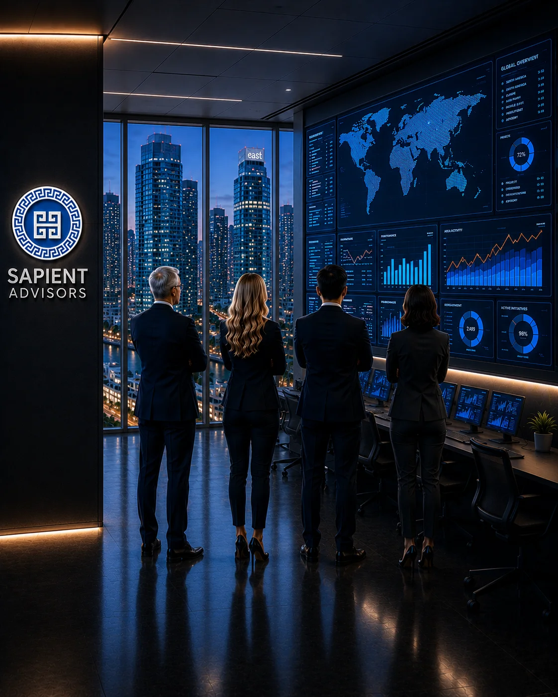 Sapient Advisors team reviewing a real-time analytics dashboard, overlooking the Miami skyline