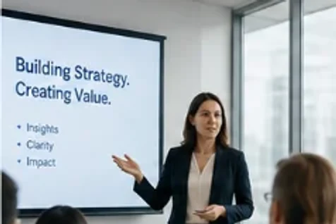 Executive presenting a strategy briefing to a seated audience