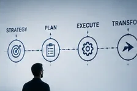 Executive reviewing a strategy-to-transformation roadmap on a wall display